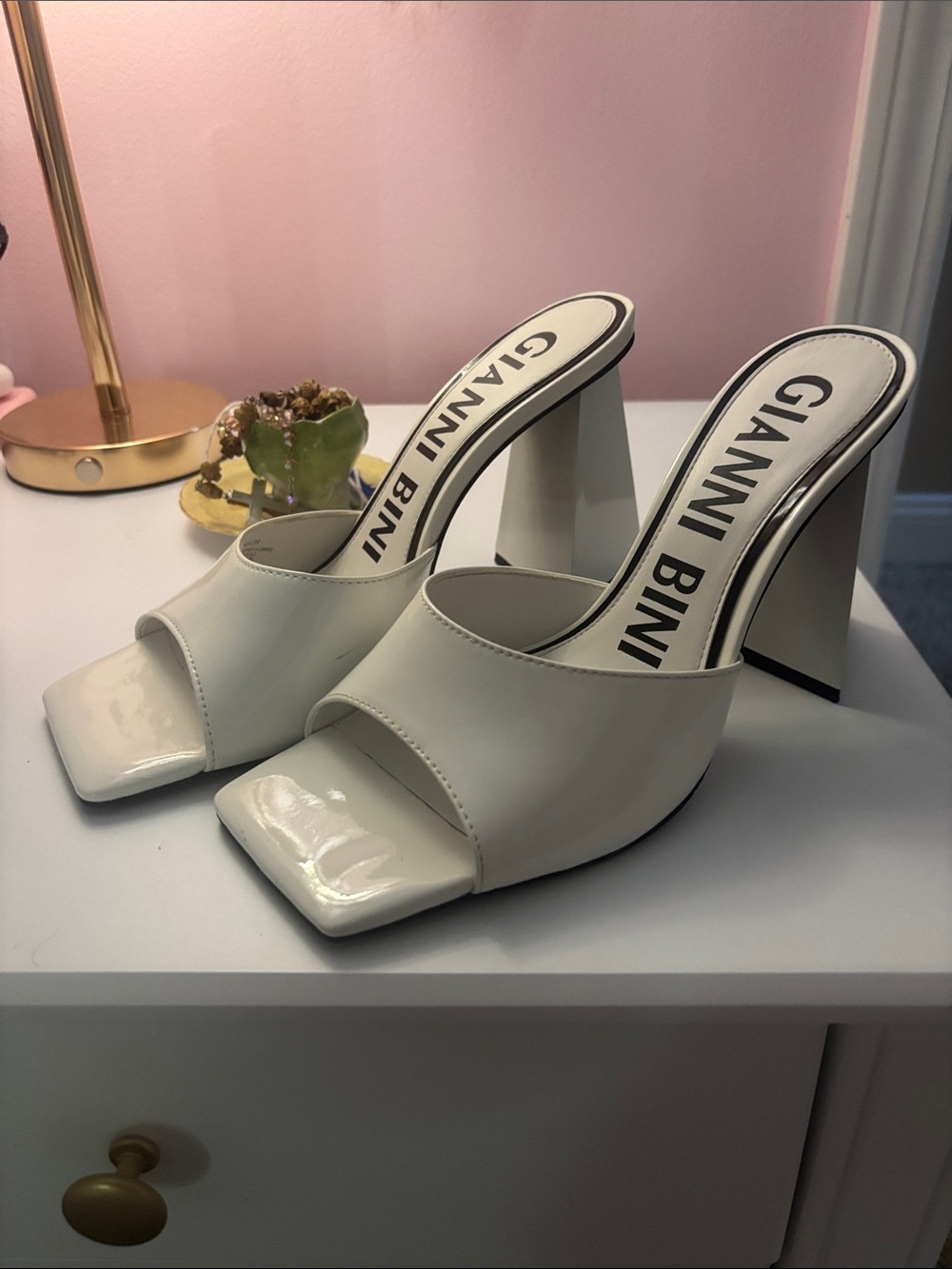 Gianni Bini White Patent Square-Toe Triangle Heels